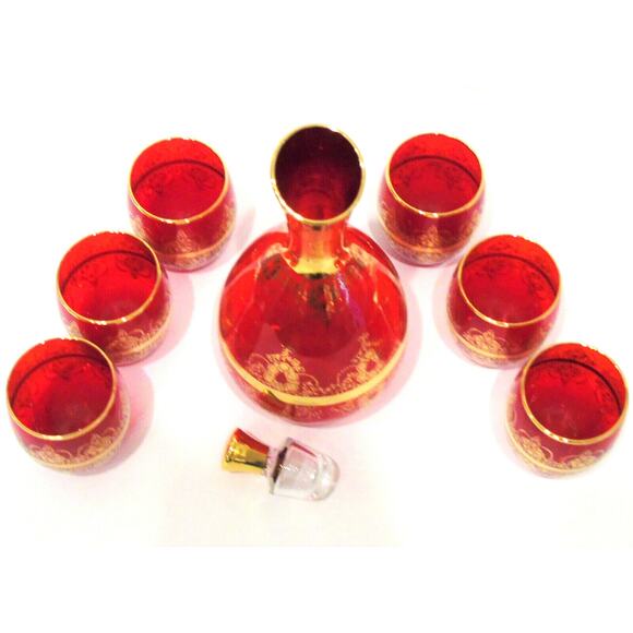 VTG Ferro Lazzarini Italian MURANO GLASS 10" DECANTER SET 8PC Ruby Red 24k Gold - Picture 5 of 7
